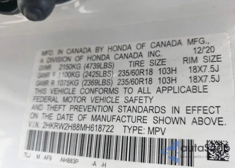 2021 Honda Cr-V Awd Ex-L from USA, damaged, VIN 2HKRW2H88MH618722